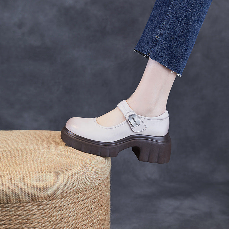 Luxury Leather Mary Janes for Women - Platform Heel with Velcro