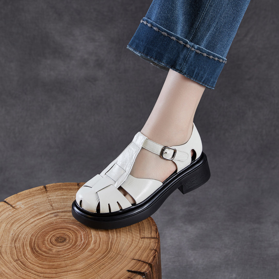 Women's Chunky T-Strap Mary Janes Platform Perforated Fisherman Sandals Casual Summer Shoes