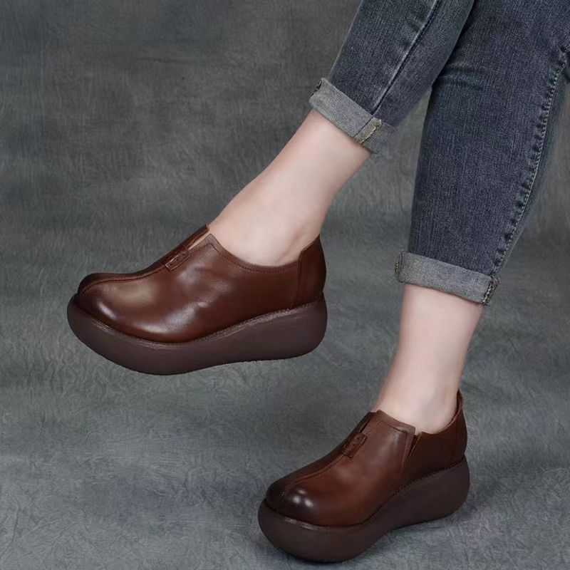 Women's Vintage Cowhide Wedge Platform Shoes Round Toe Soft Sole Slip-On Loafers