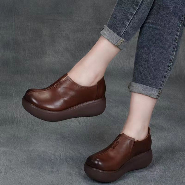 Women's Vintage Cowhide Wedge Platform Shoes Round Toe Soft Sole Slip-On Loafers