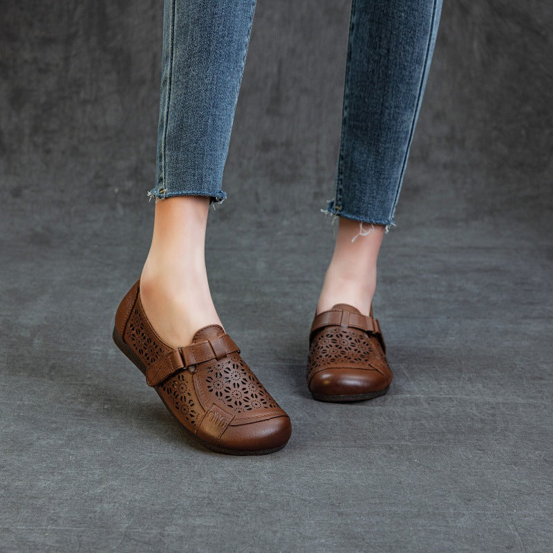 Women's Summer Leather Hollow Out Breathable Slip On Flat Sandals