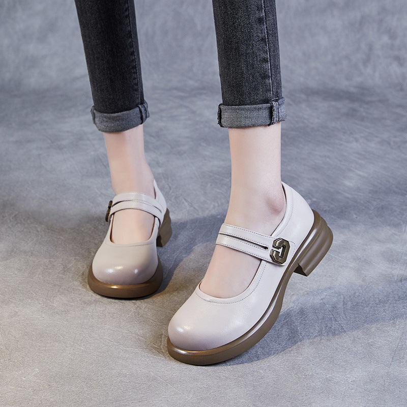 Women's Soft Leather Mary Janes – Round Toe Low Heel with Adjustable Velcro