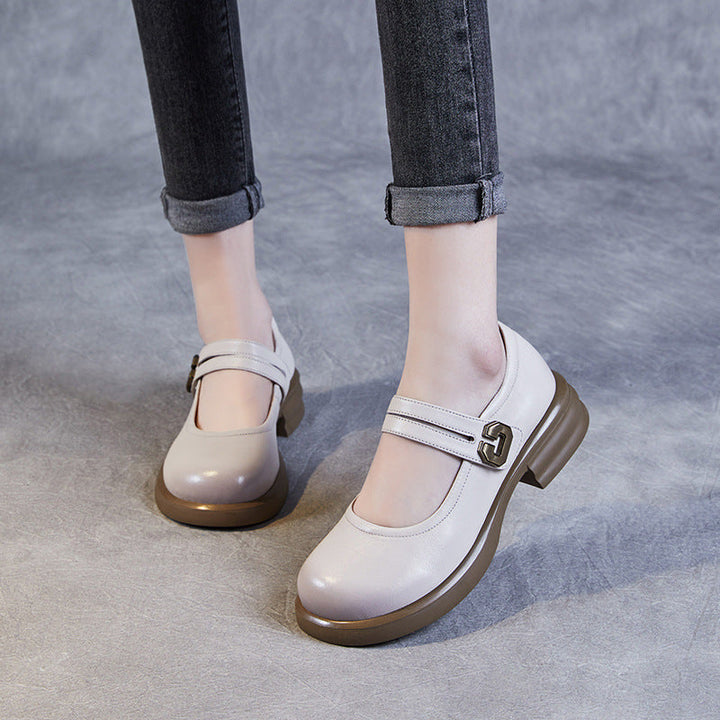 Women's Soft Leather Mary Janes – Round Toe Low Heel with Adjustable Velcro