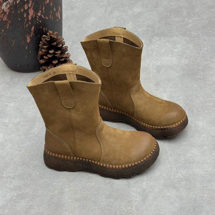 Women's Genuine Leather Mid-Calf Boots Vintage Round Toe Slip-on Winter Shoes