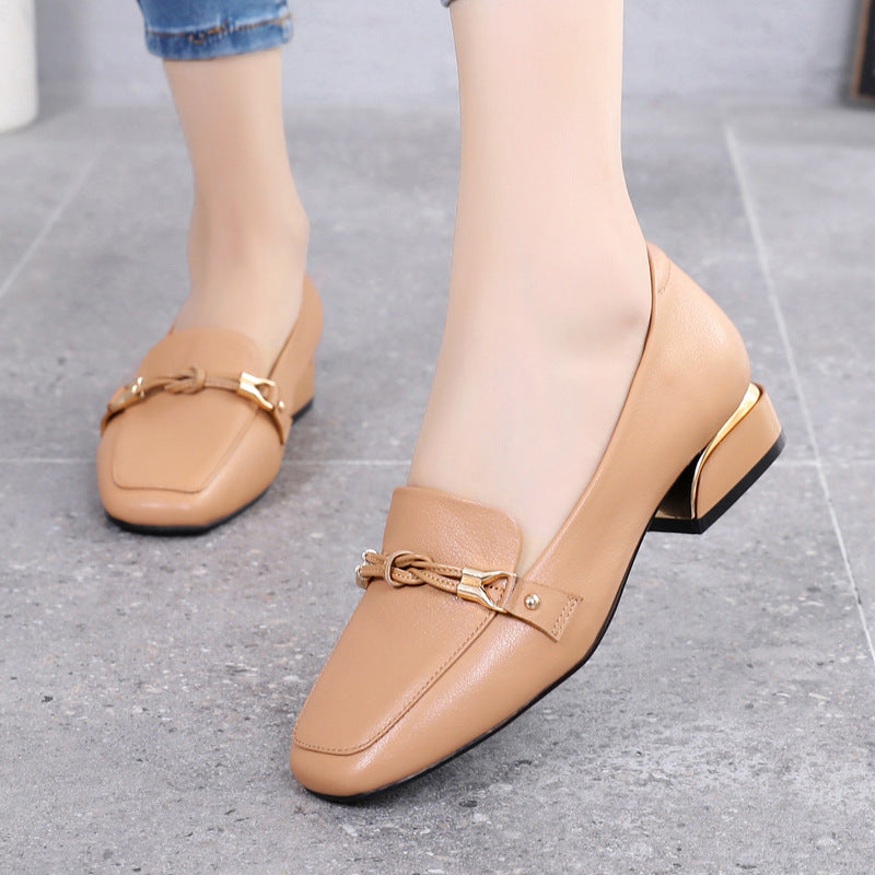 Women's Leather Loafers - Vintage Square Toe Dress Shoes, Comfort Block Heel Pumps