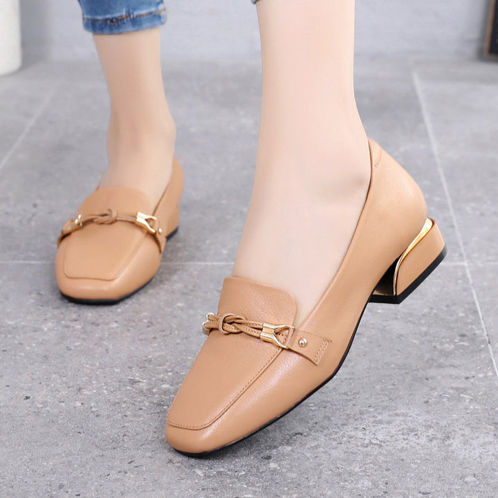 Women's Leather Loafers - Vintage Square Toe Dress Shoes, Comfort Block Heel Pumps