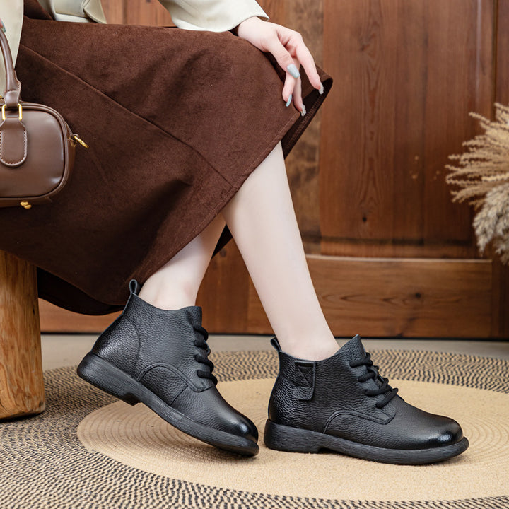 Women's Leather Ankle Boots - Vintage Round Toe Lace-Up Side Zipper Oxford Booties Comfort Walking Shoes