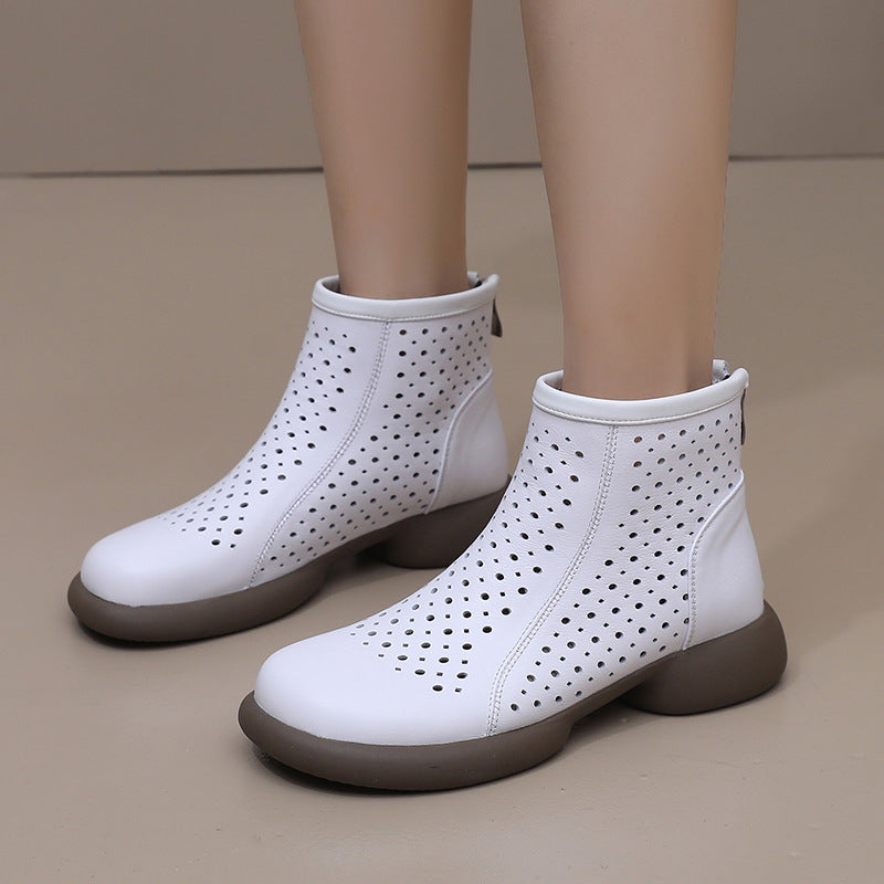 Women‘s Retro Cowhide Ankle Boots Vintage Round Toe Cutout Perforated Chunky Heels
