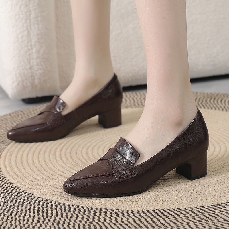 Women's Sophisticated Office Leather Pumps - Pointed Toe Block Heel Loafers