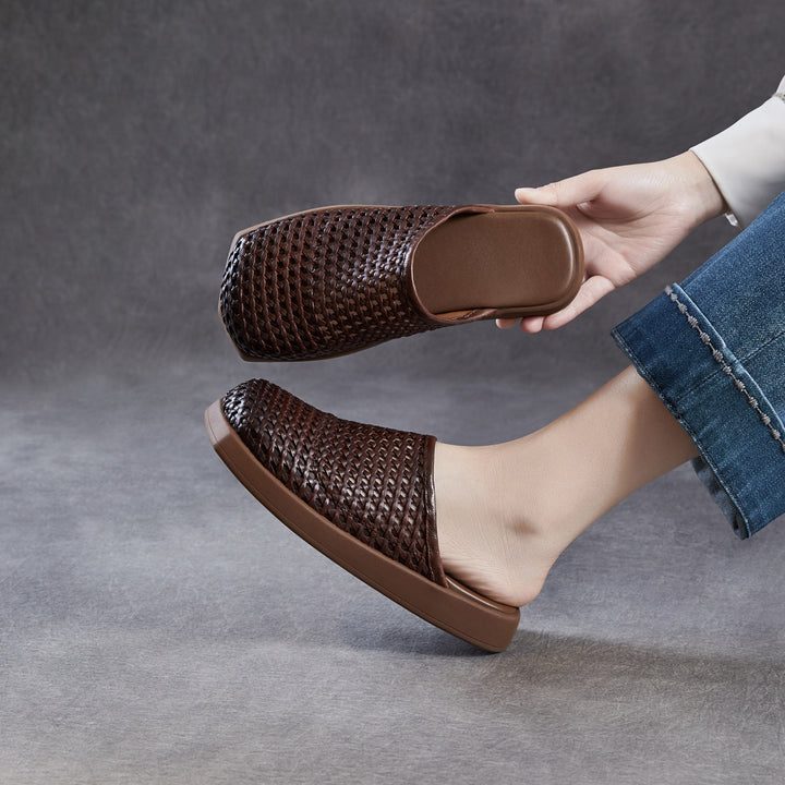 Women's Square Toe Woven Mules Genuine Leather Platform Slippers Barefoot-Friendly