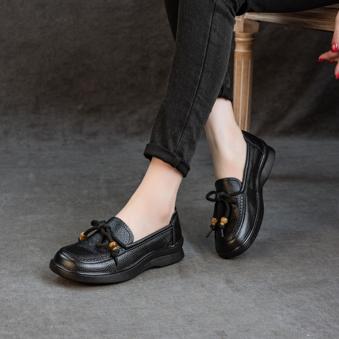 Women's Genuine Leather Loafers Beaded Knot Round Toe Slip On Platform Shoes