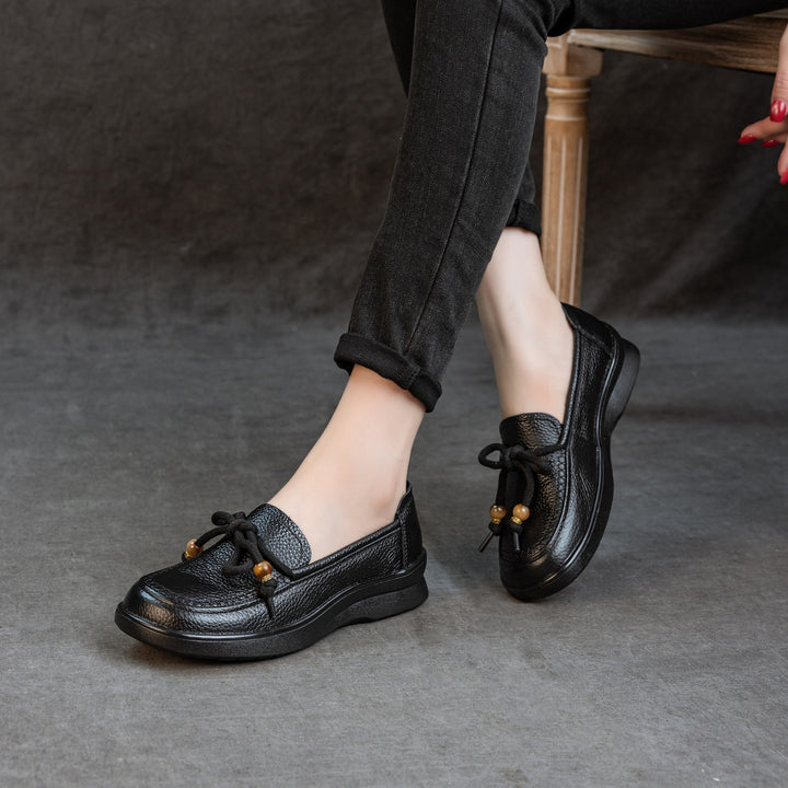 Women's Genuine Leather Loafers Beaded Knot Round Toe Slip On Platform Shoes
