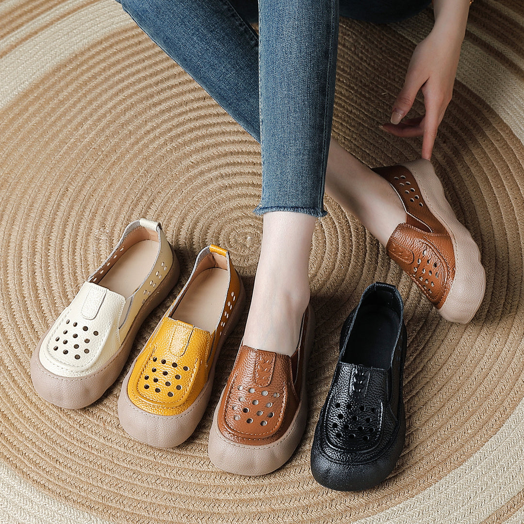 Women's Flats Vintage Hollow-Out Walking Shoes Leather Summer Loafers Retro Slip-On Platform Shoes