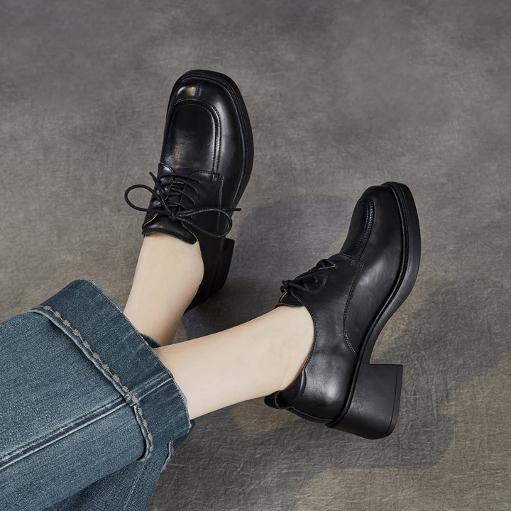 Women's Top-Grain Leather Oxford Shoes Chunky High Heel Lace Up Platform Pumps