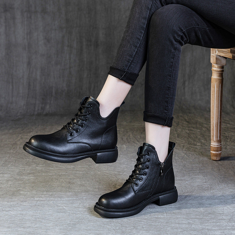 Women's Leather Ankle Boots - Vintage V-Cut Collar Lace-Up Side Zipper Booties Chunky Heel Comfort Shoes
