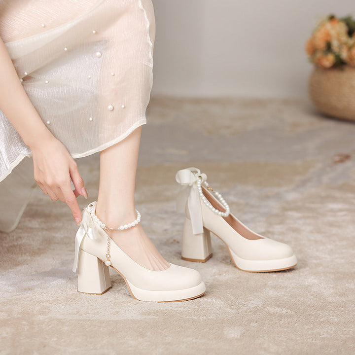 Women's Platform Pump - Block High Heel with Bow & Pearl Details