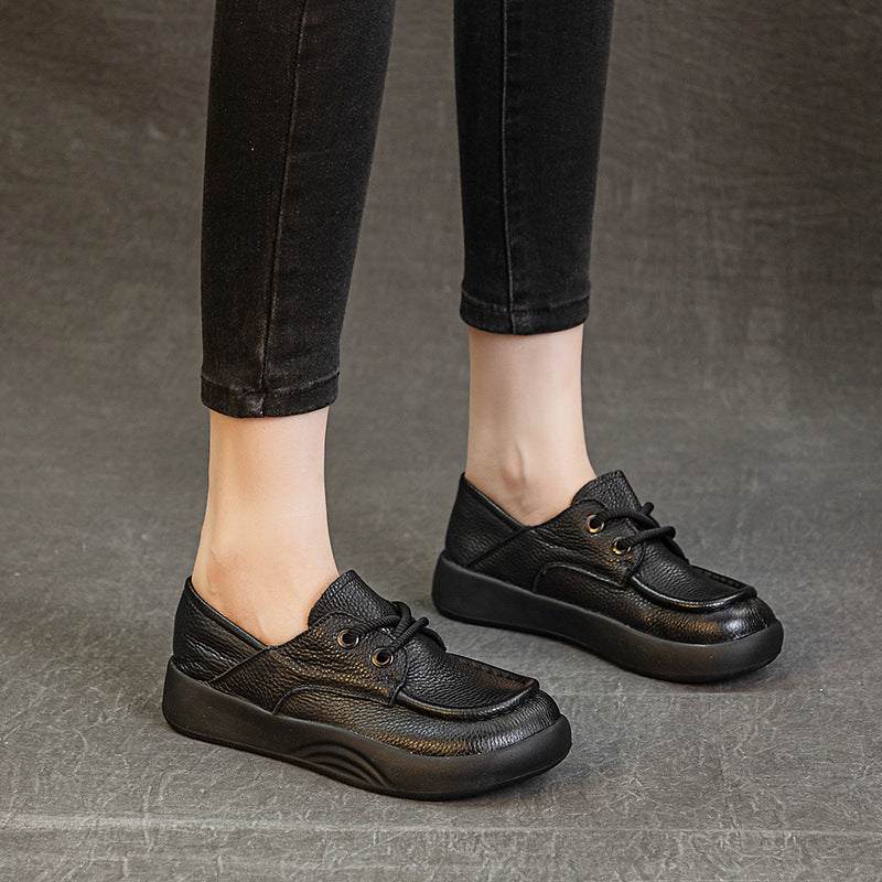 Women’s Handmade Leather Lace-Up Flats – Retro Soft Sole Casual Shoes