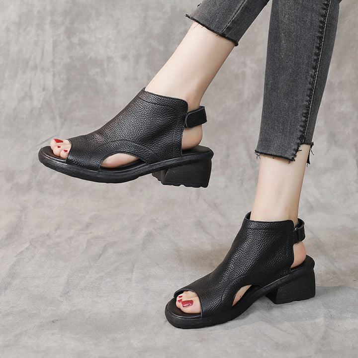 Women's Leather Block Heel Hollow Out Open Toe Sandals