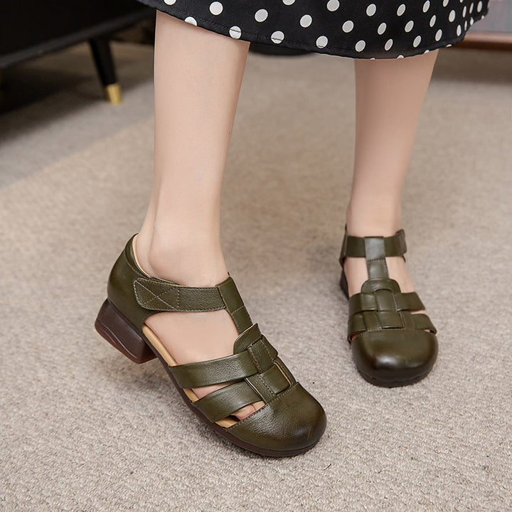 Women's Leather Fisherman Sandals - Retro Hollow Out Summer Mary Janes, Velcro Round Toe Block Heel Shoes