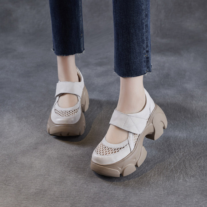 Women's Leather Platform Mary Janes - Mesh Hollow Out Breathable Closed Chunky Sole Sneakers with Velcro