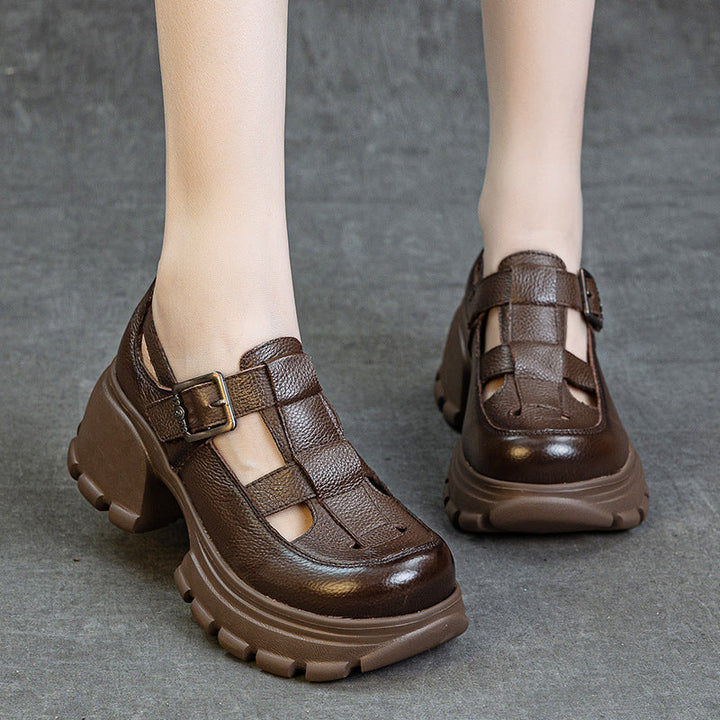 Handmade Leather Platform Sandals - Women's Chunky Round Toe Summer Gladiator Shoes