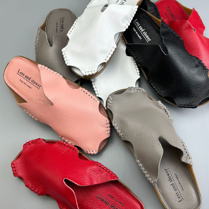 Women's Leather Mules - Soft Hand-Stitched Pebble Grain Flat Sandals Casual Summer Slip-On Slides