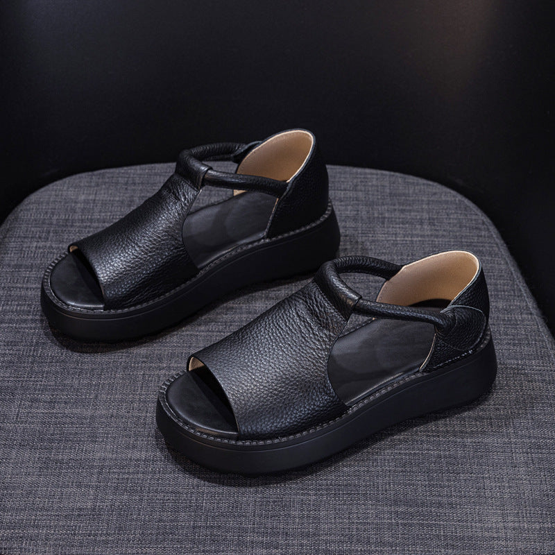 Women's Leather Thick-Sole Open-Toe Casual Velcro Sandals