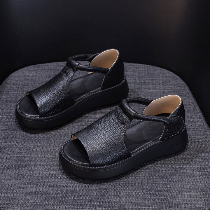 Women's Leather Thick-Sole Open-Toe Casual Velcro Sandals