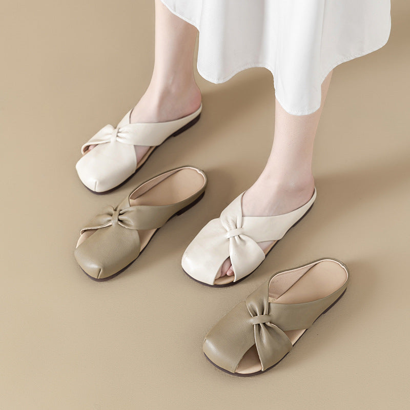 Women's Leather Mules - Closed Round Toe Flat Sandals Casual Slip-On Slides
