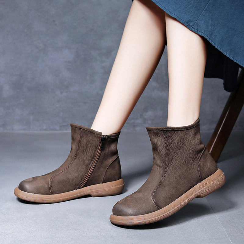 Women’s Leather Flat Ankle Boots – Comfortable Casual Side Zip Shoes