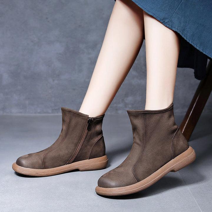 Women’s Leather Flat Ankle Boots – Comfortable Casual Side Zip Shoes
