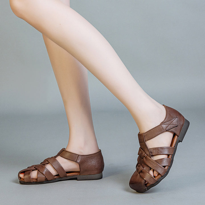 Women's Retro Woven Fisherman Sandals Vintage Leather Velcro Cage Closed Toe Walking Shoes Flats