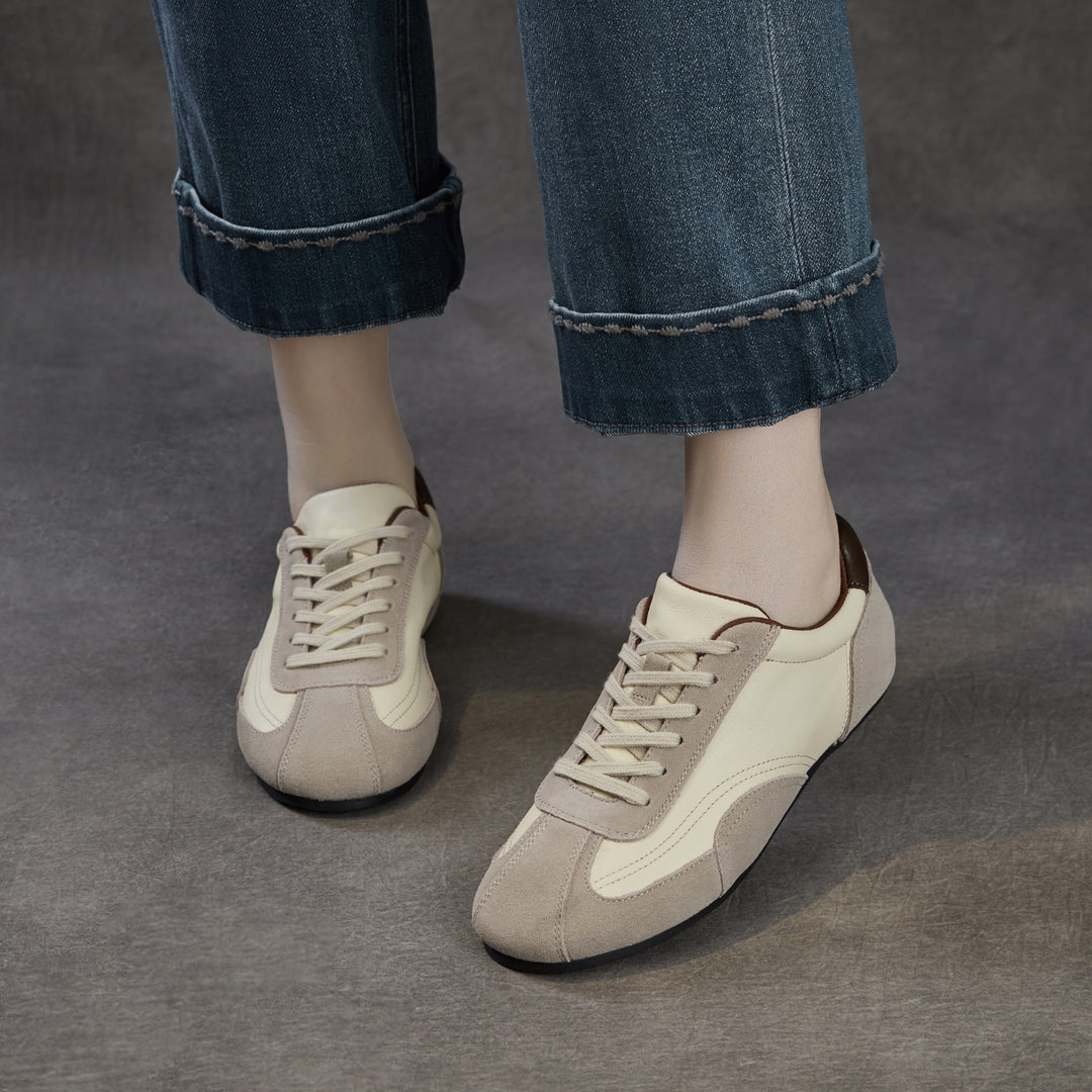 Women's Genuine Leather Retro Sneakers Vintage Lace-up Round Toe Flat Walking Shoes