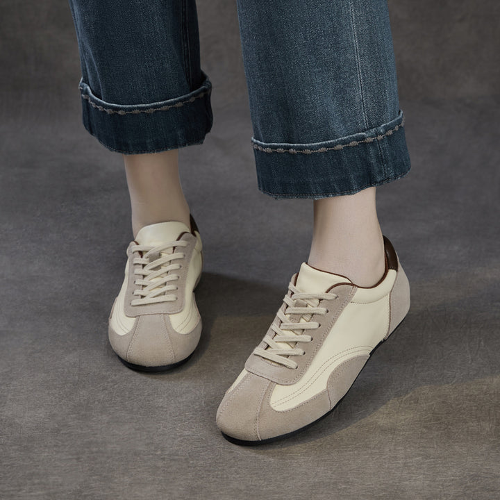 Women's Genuine Leather Retro Sneakers Vintage Lace-up Round Toe Flat Walking Shoes