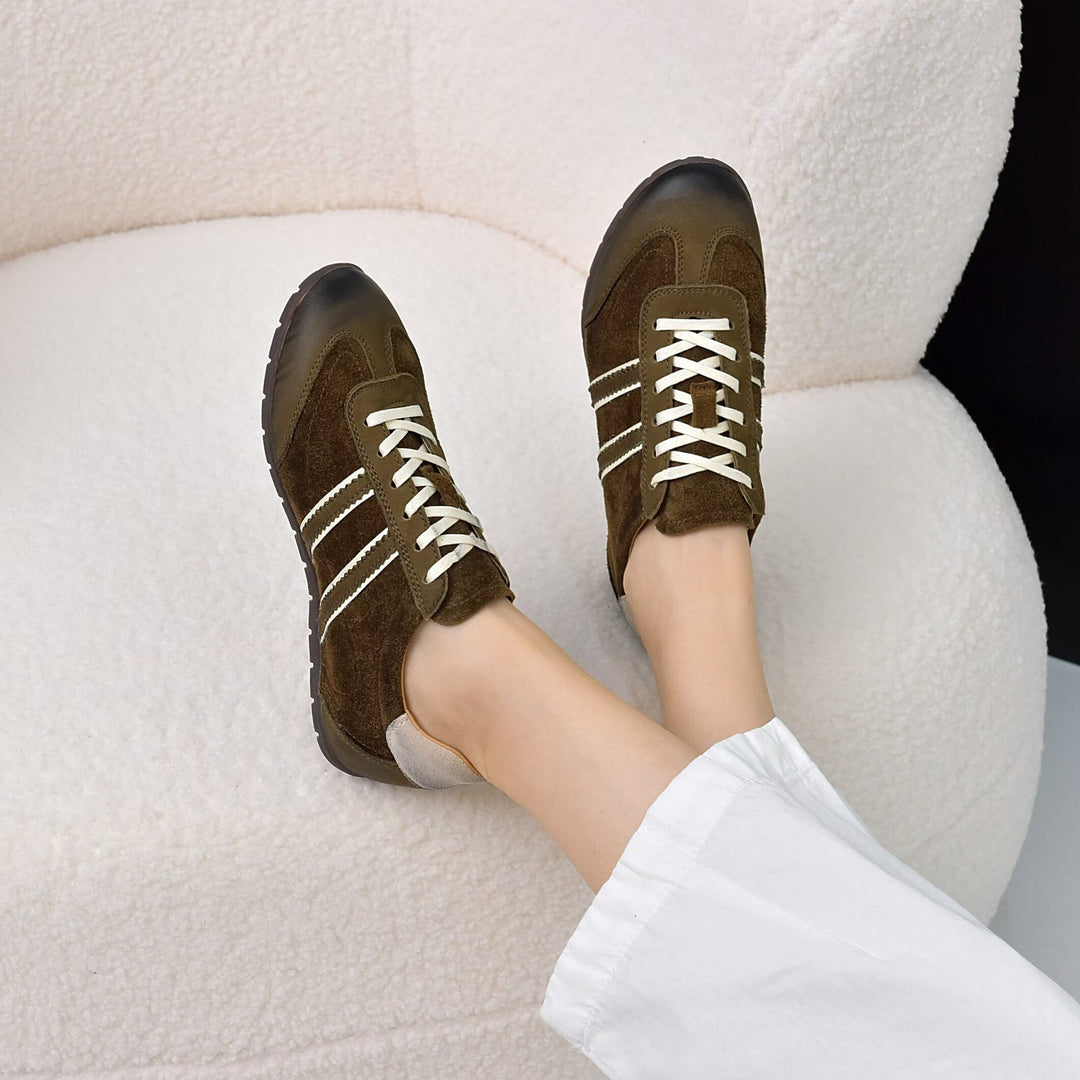 Women's Genuine Leather Retro Sneakers Stripe Patchwork Flat Lace Up Casual Shoes