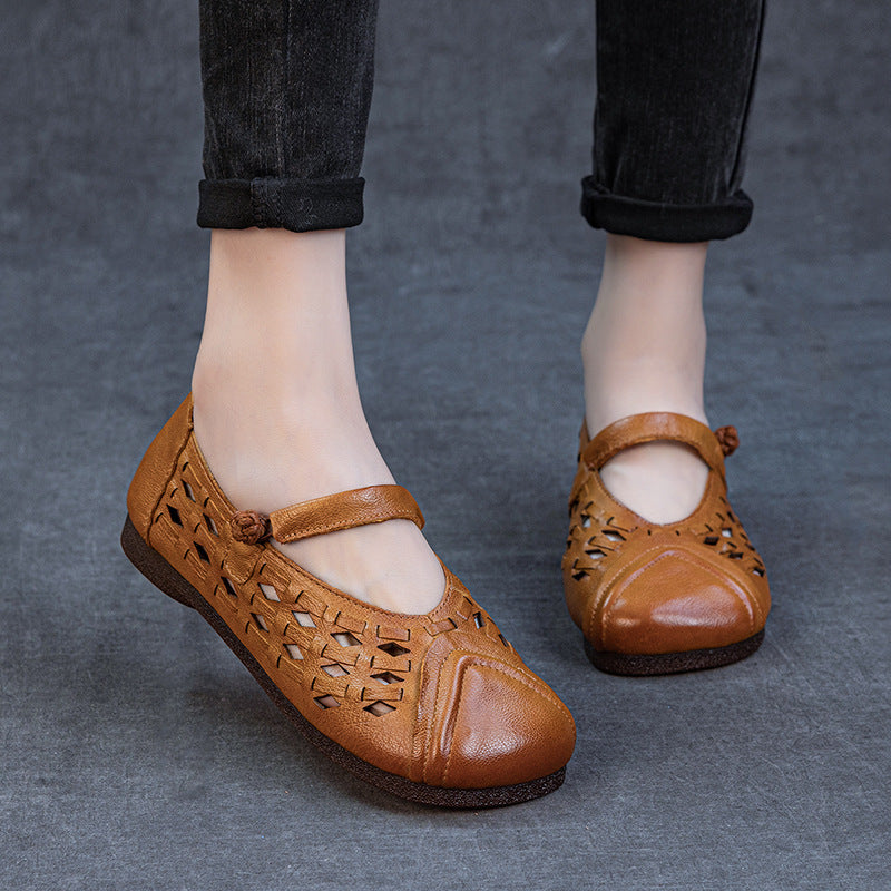 Women's Retro Woven Mary Jane Flats Vintage Leather Cutout Fisherman Sandals