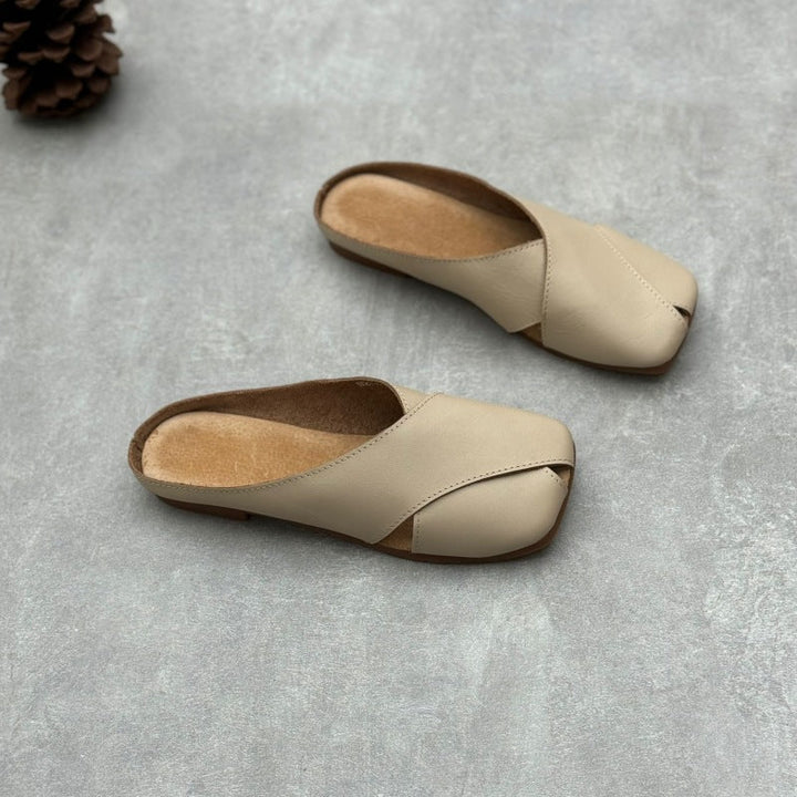 Women's Leather Retro Hollow Out Square Toe Mule Shoes
