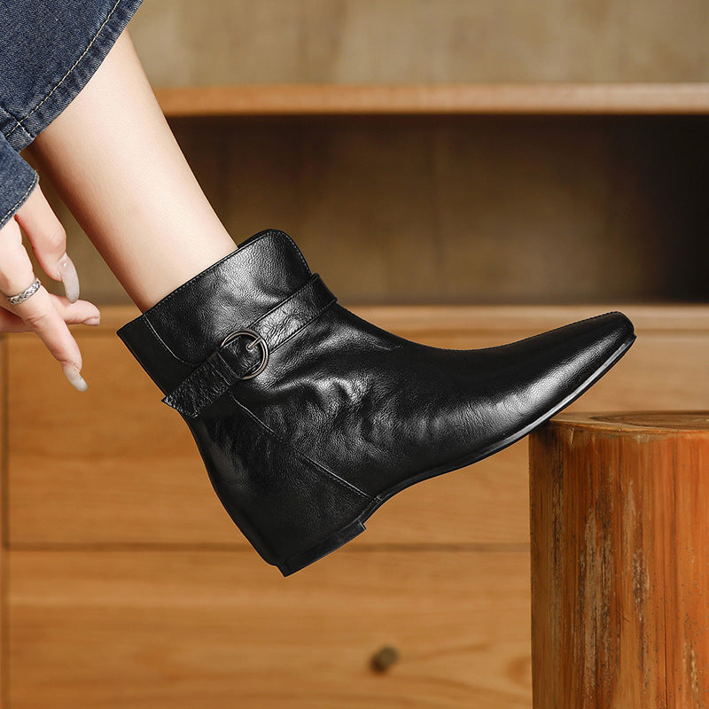 Women's Soft Sheepskin Ankle Boots Side Zipper Square Toe Low Heel Booties