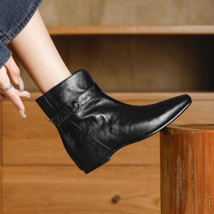 Women's Soft Sheepskin Ankle Boots Side Zipper Square Toe Low Heel Booties