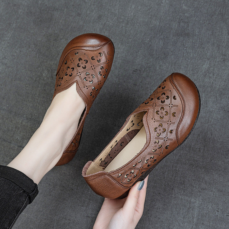 Women's Soft Leather Loafers - Hollow Out V-Neck Geometric Perforated Flats Round Toe Comfort Walking Shoes
