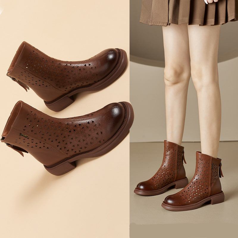 Women‘s Retro Ankle Summer Sandals Boots Vintage Round Toe Cutout Perforated Chunky Heels