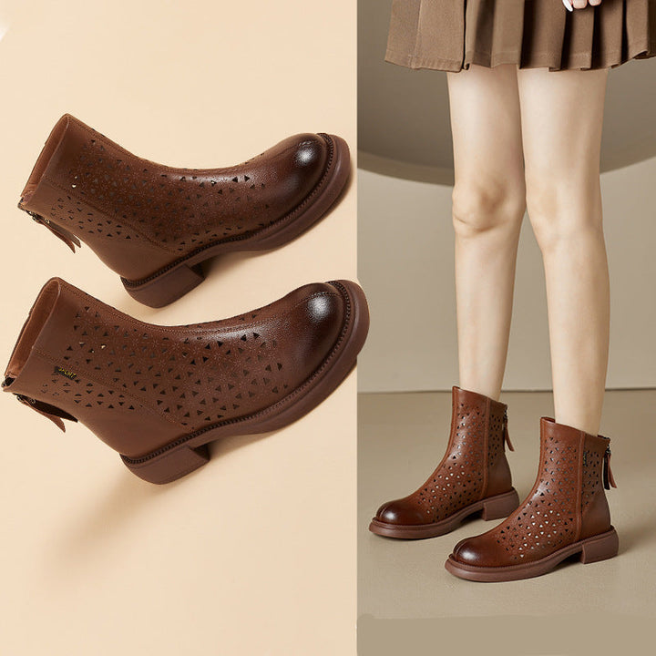 Women‘s Retro Ankle Summer Sandals Boots Vintage Round Toe Cutout Perforated Chunky Heels