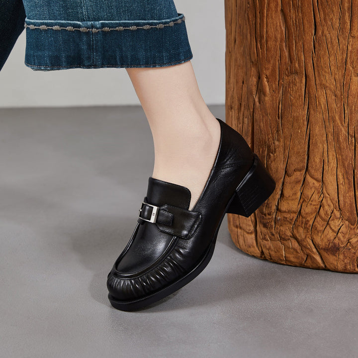 Women's Sheepskin Loafers - Ruched Leather Buckle Block Heel