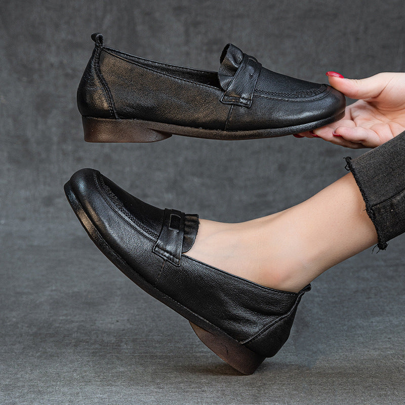 Women's Genuine Leather Penny Loafers Round Toe Slip On Flat Shoes Soft Sole