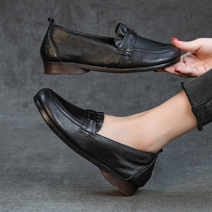 Women's Genuine Leather Penny Loafers Round Toe Slip On Flat Shoes Soft Sole