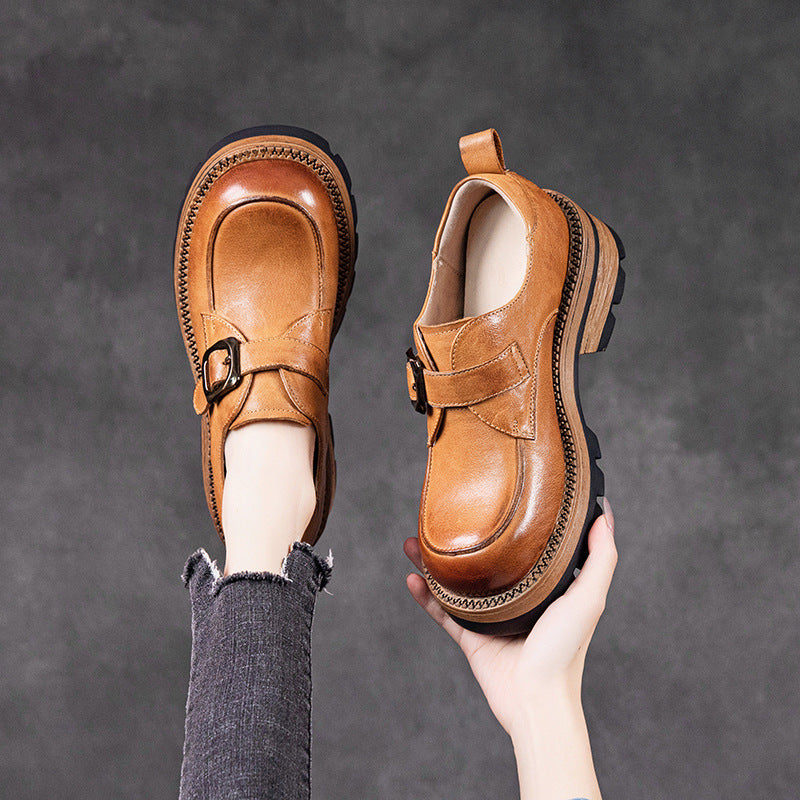 British Style Women's Chunky Loafers - Leather Oxford Shoes with Adjustable Velcro Strap