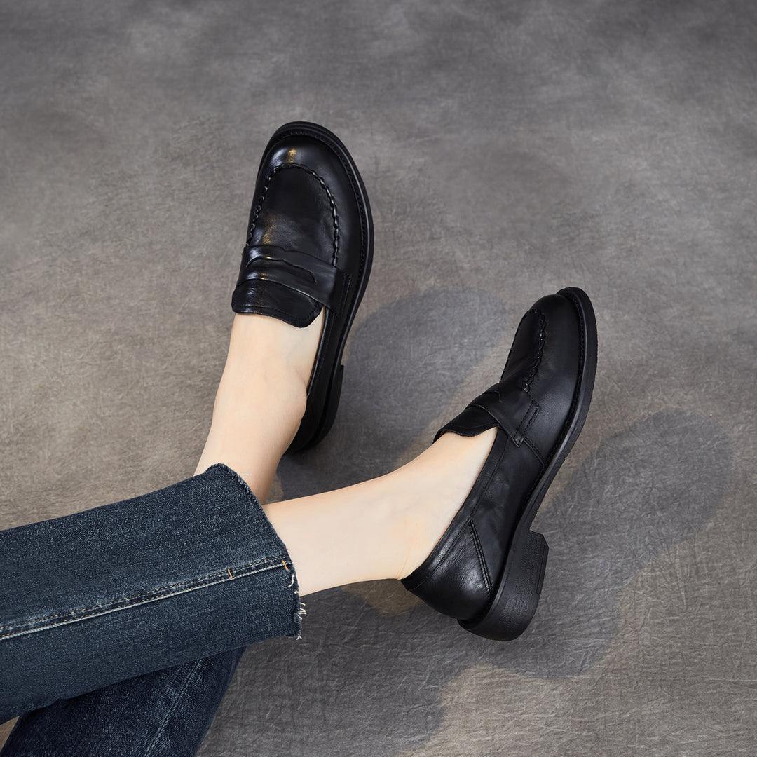 Women's Genuine Leather Penny Loafers Vintage Slip-on Round Toe Low Heel Shoes