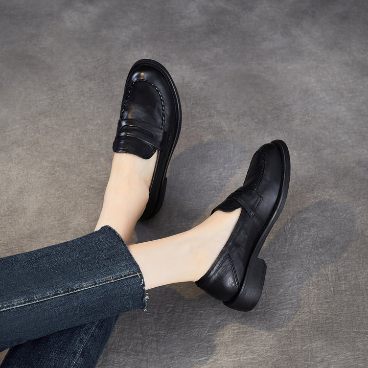Women's Genuine Leather Penny Loafers Vintage Slip-on Round Toe Low Heel Shoes