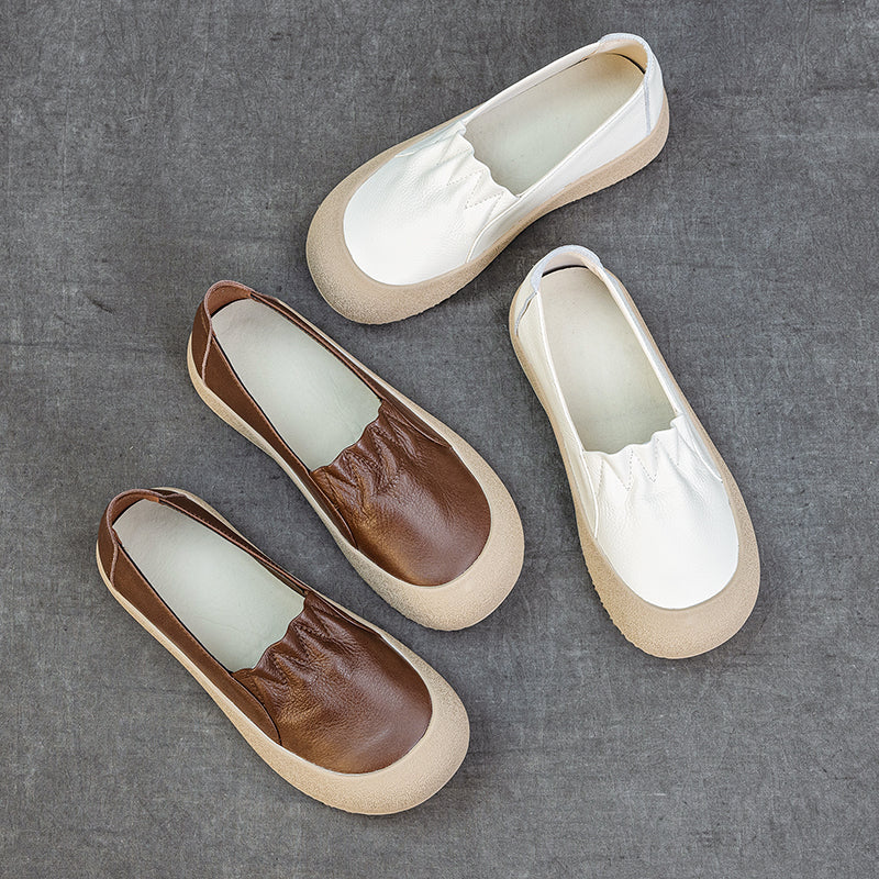 Womens Casual Leather Slip-on Loafers Closed Toe Platform Walking Shoes Anti-Collision