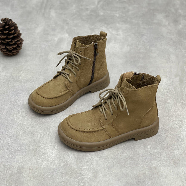 Comfy Vintage Zip Ankle Boots for Women – Lace Up Soft Leather Style